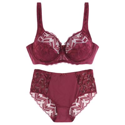 China 5-C001 QUICK DRY women's lace bow burgundy lingerie 80E-100E bra L-XXXXL sexy push up panties set women underwear set for sale