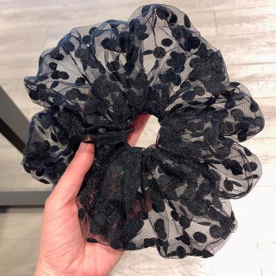 China Organza Wholesale Personalized Oversized Girls Hair Accessories Black Ponytail Elastic Hair Band Women Dots Print Organza Big Scrunchie for sale