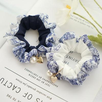 China High Quality Chiffon Chinese Style Chiffon Scrunchies Large Blue and White Porcelain Printed Pearl Hair Band Elastic Hair Ties for Women for sale