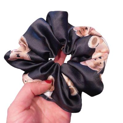 China Wholesale Korean Printing Fashionable Cute Elastic Satin Bear Tie Ponytail Hair Accessories Large Satin Girls Scrunchies For Women for sale