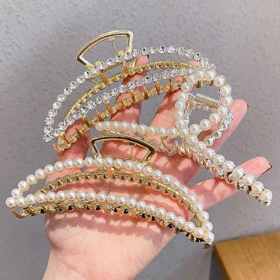 China Korean Metal Big Hair Claw Clip Large Cross Glitter Hair Clip Rhinestone Pearl Rhinestone Hair Claw Women Hair Accessories for sale