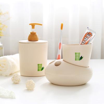 China Sustainable Bathroom Vanity Storage Bamboo Fiber Toothbrush Holder For Toothpaste With Hand Washing Bottle Toiletries Set for sale