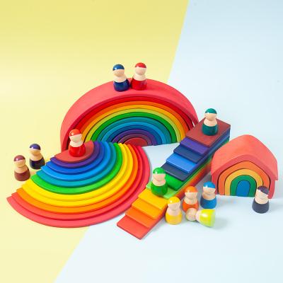 China Large Eco-friengly Rainbow Building Block Wooden Balls Plate Figures Stacking Wooden Toy Rainbow Tower Toys Educational Toys for sale