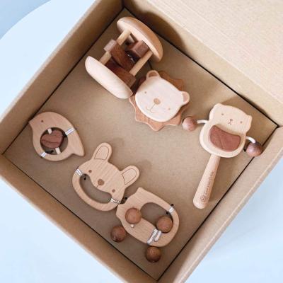 China Non-Toxic Environmentally Friendly High Quality Wooden Solid Wood Can Bite Baby Toys Kids Wooden Educational Rattle Toys Set for sale