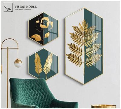 China Abstract Modern Living Room 3 Panel Set Combination Crystal Porcelain Hexagon Dining Room Decorative Painting for sale