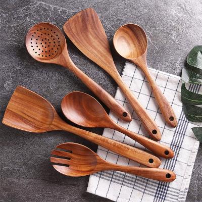 China Sustainable 100% Natural Teak Wood Kitchen Utensils Set For Cooking, 6Pcs Kitchen Tools Wooden Spoons And Spatulas Cookware Sets for sale