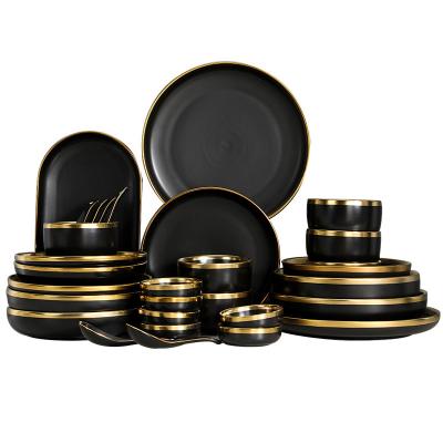 China Sustainable Ceramic Home Kitchen Dinnerware Gold Rim Porcelain Dinner Dish Bowl Set Luxury Dinnerware for sale