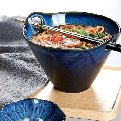 China Retro Viable Hot Selling Instant Noodle Ceramic Blue Ear Bowl Double Set For Kitchen Catering Industry for sale