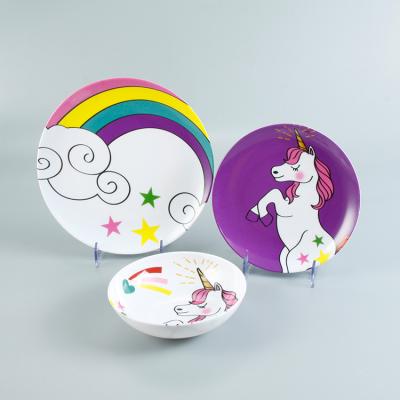 China 3 Piece Sustainable Popular Unicorn Environmental Reusable Plastic Melamine Children's Tableware for sale