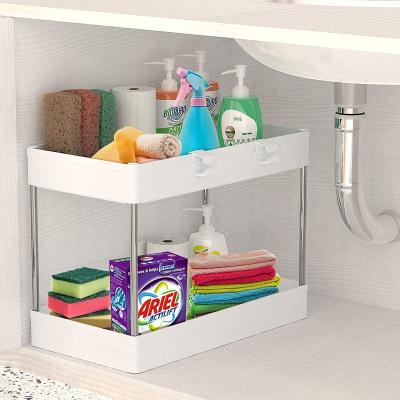 China 2 Tier Bathroom Kitchen Drip Tray Viable Plastic Cabinet Under Sink Shelf Organizer Rack Storage Bathroom Under Sink Organizer for sale