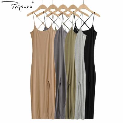 China R12193S Women's Fashion Solid Color U-neck Side Slit Breathable Strap Dress for sale