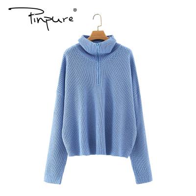 China R50843S Pinpure Light Blue Zipper Neck Sweater Women's New Arrival Fashion Turtle Sweater Breathable for sale