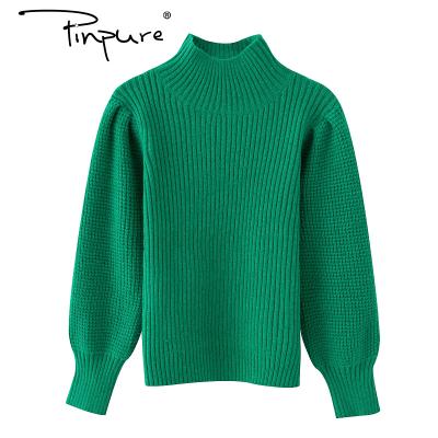 China R50828S Breathable Wholesale Loose Sweater Green Bubble Sleeve Sweater Turtle Neck Sweater for sale