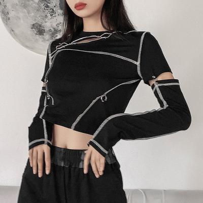 China R40276S 2021 new anti-shrink women's long-sleeved round neck stitching hollow T-shirt blouses women for sale