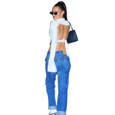 China 2021 New Arrival Anti-Wrinkle R40545S Backless Hollow Long Sleeve Tie Bandage Backless Blouses Simple Women for sale