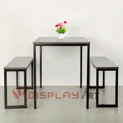 China Home high quality wood top and metal base dining table with two benches for sale