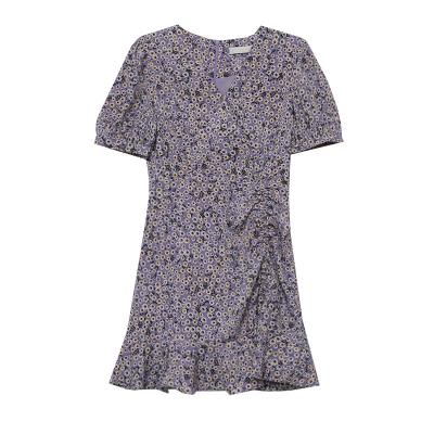 China Mini Dress Short Sleeve Anti-Static Hot Sexy Floral V-Collar Ruched Women A Line Floral Printing Casual Mini Summer Dresses for sale