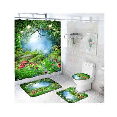 China Pretty Modern Nordic Botanical Pastoral Style Polyester Bathroom Waterproof Shower Curtain High Quality Viable 4 Pieces Set for sale