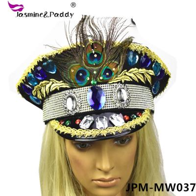 China Brazil Carnival.party New Design Embroidered Acrylic Peacock Feather Shako Hat Party Carnival Hat Custom for sale