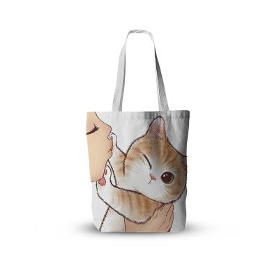 China 100% Large Capacity Eco Canvas Eco-Friendly Cute Grocery Shoulder Bags Tote Bag For Women Funny Cat Kiss Shopping Bag For for sale