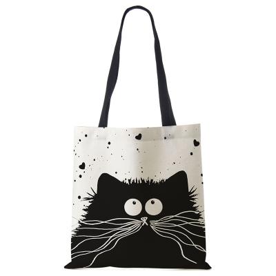 China 100% Eco-friendly Customized Canvas Totes Print Women Handbag Tote Shopping Bag Cute Cat With Print Logo Casual Traveling Beach Bags for sale