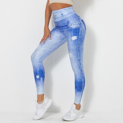 China Breathable Denim Digital Blue Tight Waist Printing Women's Snap-Dry Yoga Pants Exercise Fitness Running Tight Pants for sale