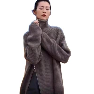 China Anti-wrinkle big cousin Liu Wen's cashmere sweater with high lapels and double zippers is lazy and pure wool is loosely knitted. for sale