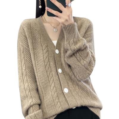 China New Solid Color V-Neck Ladies Cardigan Autumn And Winter Loose Casual Loose Casual Coat Twist Sheer Retro Sweater Sweater for sale