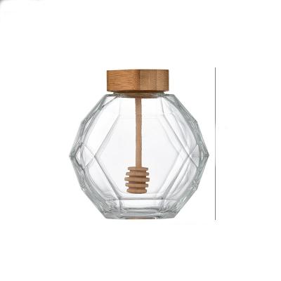 China 100ml 180ml 280ml 380ml Bamboo Honey Jar With Luxury Hexagon Glass Food Jar Honey Container Honey Storage Bottle Bamboo Lid And Plunger for sale