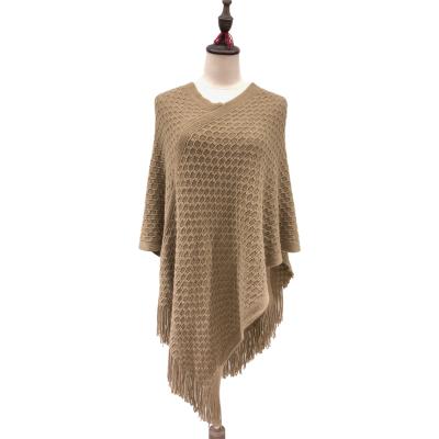 China Poncho Sweater Wrap Winter Poncho Scarves With Tassels Waffle Knitted Shawl Warmer Solid Color Fashion Soft Warm Cape Sweater for sale