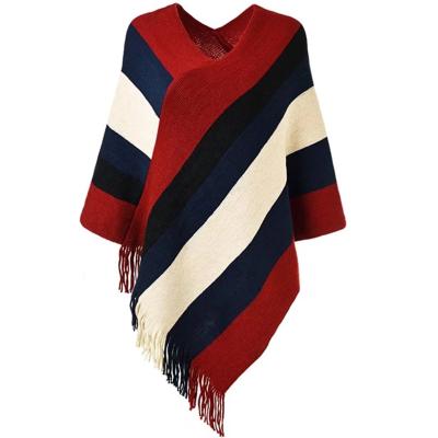 China Nice Multicolor Women's Stylish Knitted Poncho Top with Stripe Patterns and Sides Fringed Scarf Fringed Wrap Sweater Sweater Cape for sale