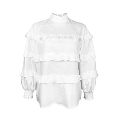 China 2021 New Breathable Wholesale Ladies Fashion Ruffled Cotton Spandex Turn Down Collar Cool Elegance Breathable White Ladies Woven Blouse for sale