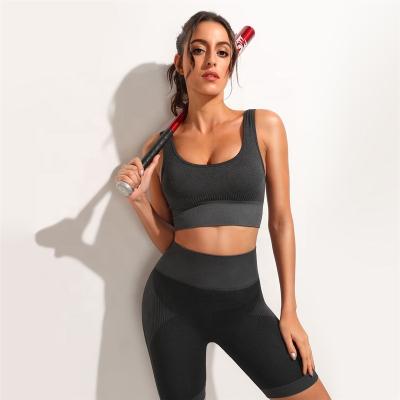 China Breathable High Wasted Athletic Active Gym Wear Seamless Yoga Legging Suit Custom Hot Sexy 2 Pieces Sports Bra And Shorts Yoga Sets for sale