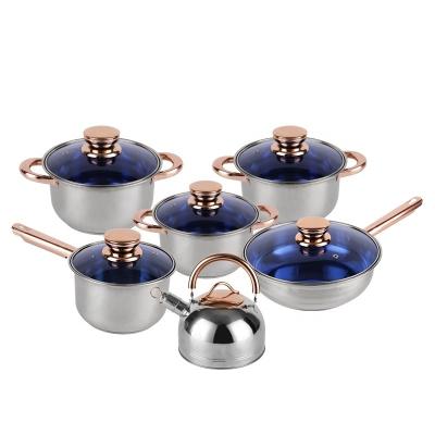 China Hot Selling 12pcs Viable Kitchenware Gold Handle Stainless Steel Pots And Pans Non Stick Cookware Set for sale