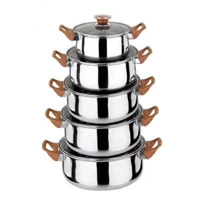 China Sustainable Stainless Steel Kitchen Pots And Pan Set Cooking Pot Set 10pcs Cookware Set With Wooden Handle for sale