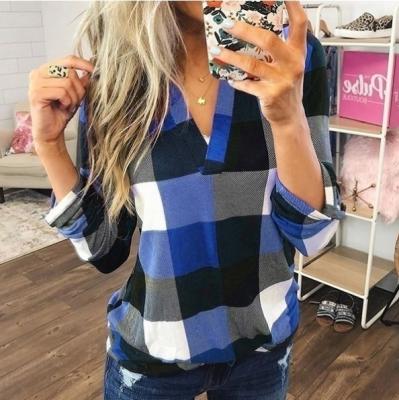 China European anti-static summer new and American tops spring and autumn shirts women's plaid printing V-neck tops long sleeve shirts lace up dresses for sale