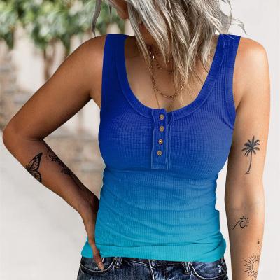 China New Summer Sexy Anti-shrink Stain Tight Knitted Vest Plus Size Women's Gradient Print Button Threaded Vest T-Shirt for sale