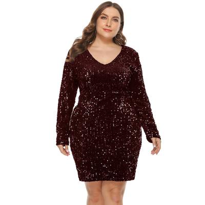 China Factory direct sales new spot nightclub sexy V-neck sequins long sleeve tight tight hip plus size women's dress for sale