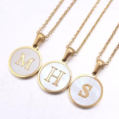 China Environmental Friendly 26 Alphabets Gold Plated Stainless Steel A-Z 26 Letter Shell Disc Charm Initial Round White Necklace For Women for sale