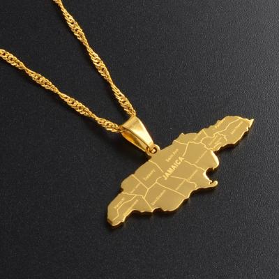 China Environmental Friendly Stainless Steel High Polished Map Of Jamaica With Gold Plated City Pendant Necklaces for sale