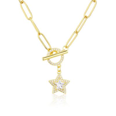 China 2021 Environmental Friendly Hot Sale Gold Plated CZ Star Charm Diamond Clasp Chain Pendant Toggle Necklace For Women Men Jewelry for sale