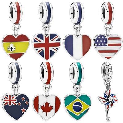 China 925 Environmental Friendly Wholesale Silver Enamel Love Heart Country Flag Charm Dangle Beads For Bracelet Making for sale