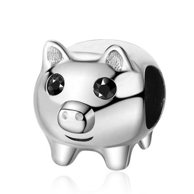 China Factory Wholesale Environmentally Friendly Lovely Sterling Silver Animal Pig Charm Beads With Zircon for sale