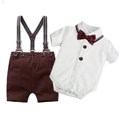 China ZHG02 Breathable Kids Boys Clothes Gentleman Set Baby Boy Short Sleeve Romper Shirt With Bow Tie+Suspenders Pants for sale