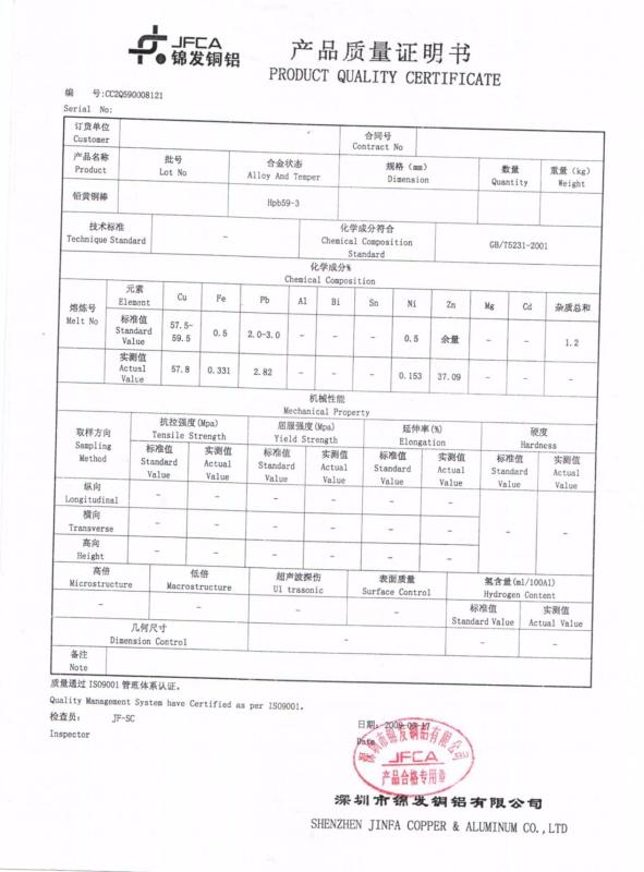 Brass Quality Certificate - Dongguan Geheng Locks Co., Ltd