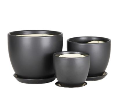 China Drainage Hole and Tray Custom Made Ceramic Planter Pots with 3 Cylinder Shape Matte Black Saucer Ceramic Flower Pot Set for sale