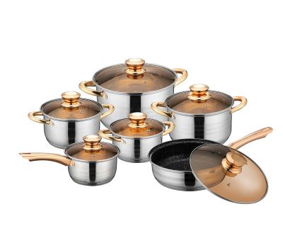 China High Quality Golden SUS 201 Handle 12pcs Stainless Steel Induction Cookware Set Viable for sale