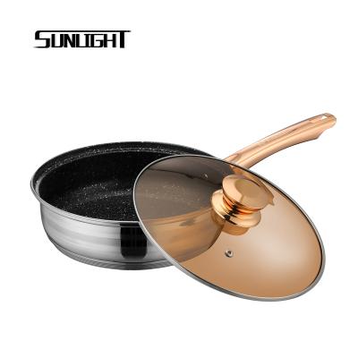 China Stainless Steel Non Stick 201 Sustainable Frying Pan With Handle Gold Color Glass Lid for sale