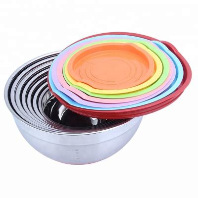 China Sustainable Silicon Bottom Stainless Steel 7pcs 201 Grade Mixing Salad Bowl With Cover for sale