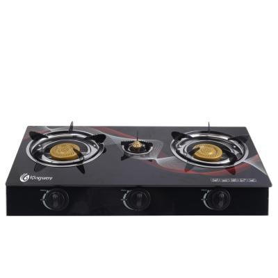 China Household Good Quality Tempered Glass Three Burner Black Piezoelectric Ceramic Ignition Gas Stove for sale